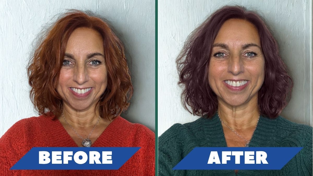 Before and after example showing how wearing your best colour palette enhances natural brightness and harmony after colour analysis