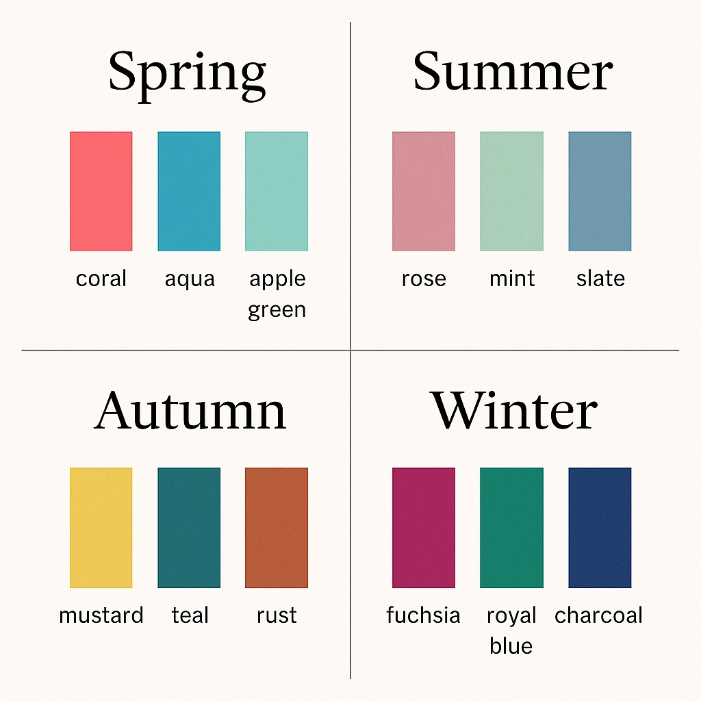 Four seasonal colour palettes—Spring, Summer, Autumn, Winter—used in personal colour analysis by Hue & You.
