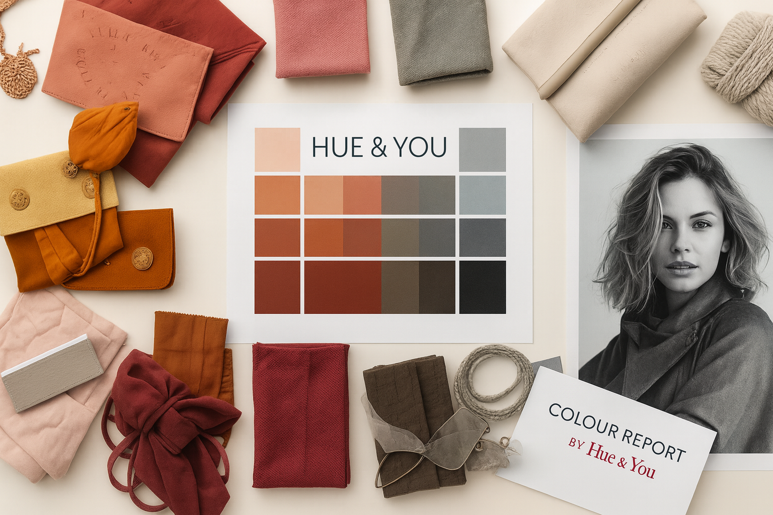 Flatlay of seasonal colour palettes showing warm and cool tones for personal colour analysis by Hue & You.