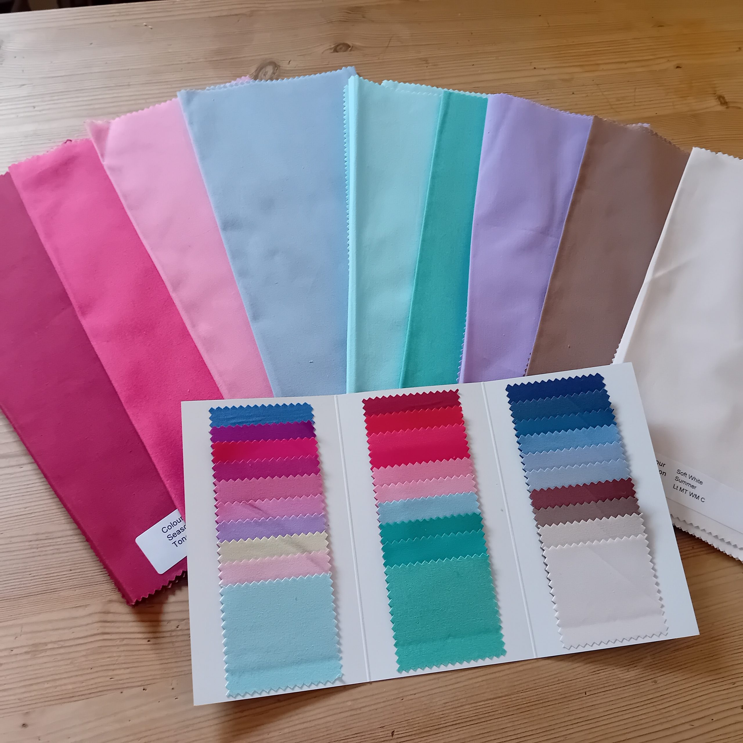 Professional colour swatches and a personal colour palette wallet used in sessions